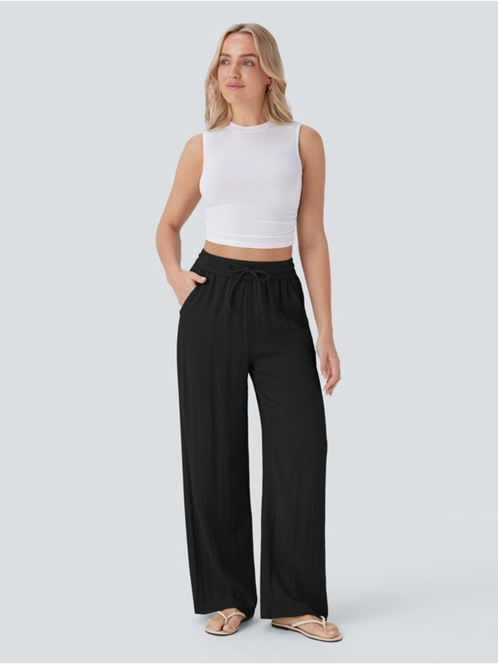 HALARA High Waisted Drawstring Wide Leg Baggy Casual Linen-Feel Pants M Tall - Picture 5 of 11